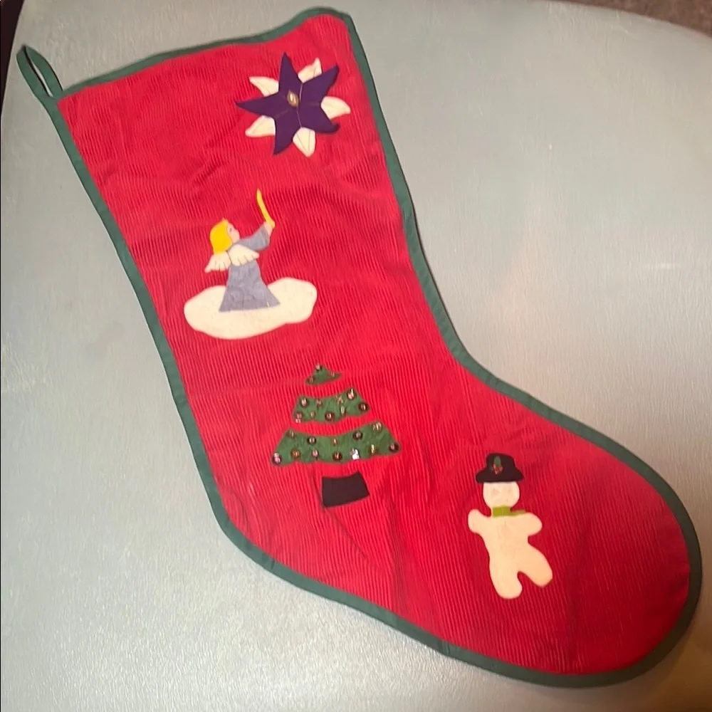 VTG Red Holiday Stocking with Felt Angel, Christmas Tree, Snowman & More